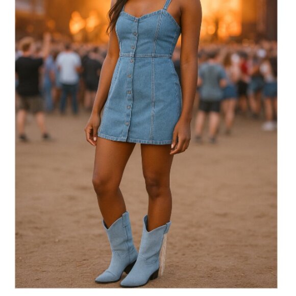 Azalea Wang Blue Denim Rhinestone Fringed Wide Calf Ankle Boots Size 7 Cowboy - Picture 2 of 13